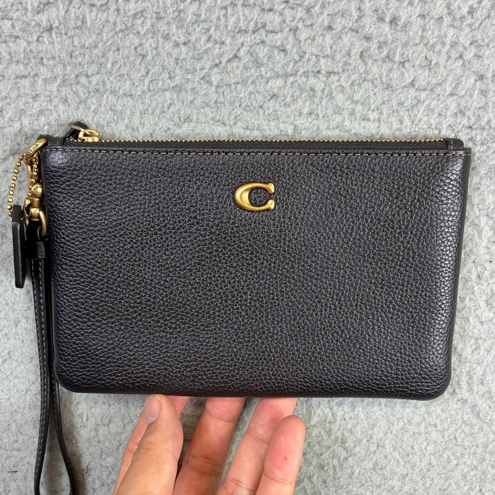 Coach Polished Pebble Leather Small Wristlet Womens OS Black Gold Clutch NWT
